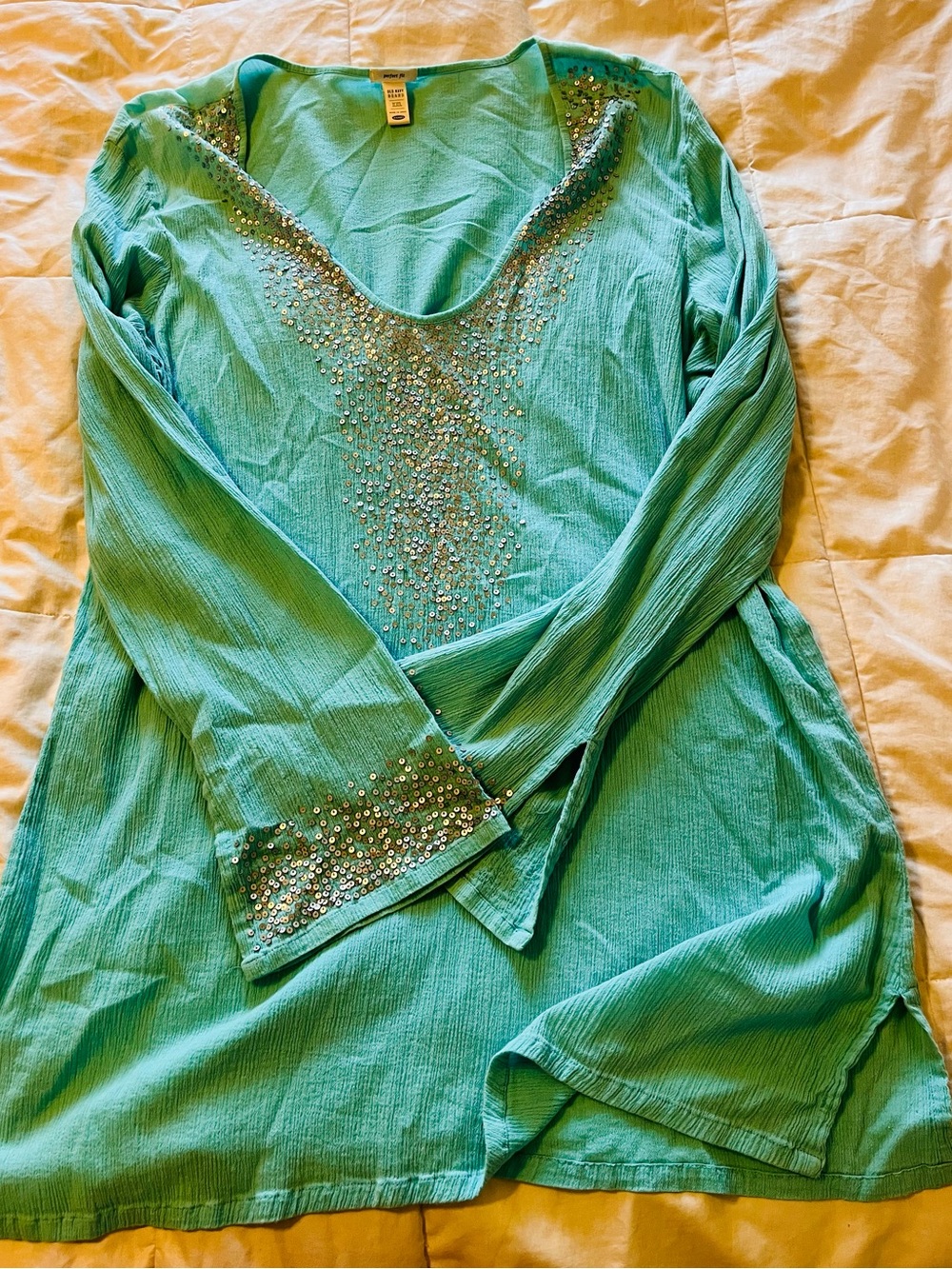 Vintage Old Navy Aqua  Embellished V-Neck Cotton Gauze Tunic